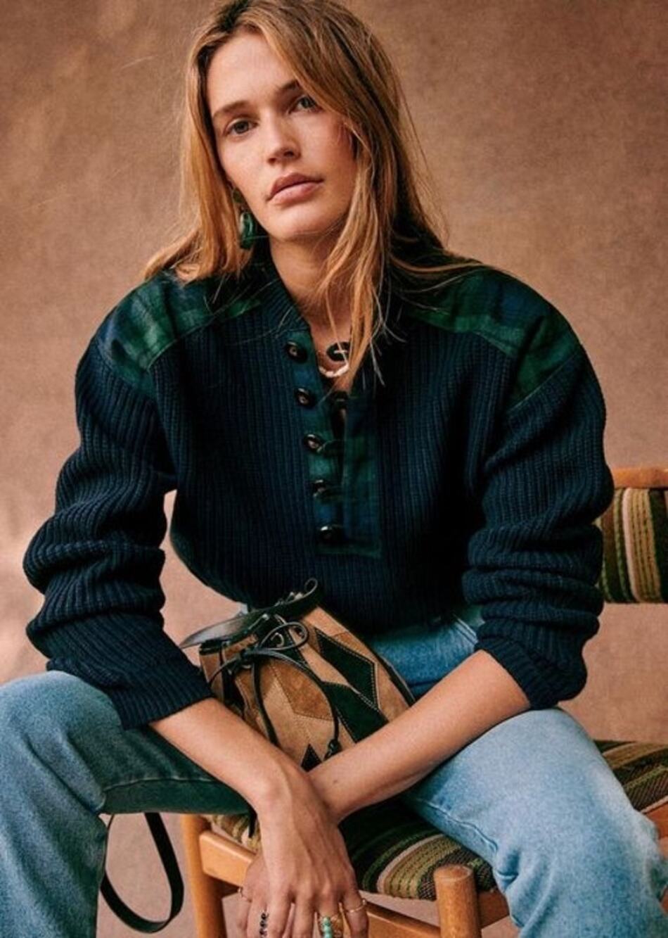 Sezane Ewen Pullover Scotland Plaid Trim Navy Knit Sweater